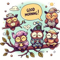 three owls sitting on a tree branch with an empty thought bubble above them that says good morning