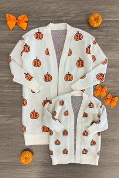 Mom & Me - Cozy Cream Pumpkin Cardigan | Sparkle In Pink Pumpkin Cardigan, Mommy Daughter Outfits, Halloween Moms, Sparkle In Pink, Mommy Outfits, Long Sleeve Design, Cozy Fabric, Sweet Cream, Mommy Daughter