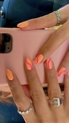 Oval Trendy Nails, Like Green And Pink Nails, Orange Pink Swirl Nails, Summer Nails With Dots, Lavender And Orange Nails, Simple And Easy Nail Designs, Short Nails Inspiration Spring, Fun Summer Nails Bright Almond, Vaycay Nails