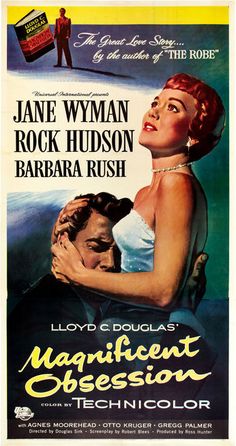 an old movie poster for the film magnificent obsession, starring jane wyman and barbara rush
