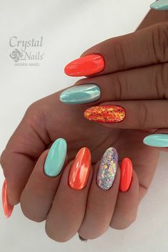 Long Orange and turquoise nails with glitter and chrome accent nails. Orange And Turquoise Nails, Turquoise Nails With Glitter, Dnd Fall Nail Colors, Fake Nails White, Spring Manicure, Spring Nails Ideas