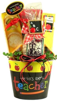 a teacher's day gift basket with crackers and cookies