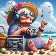 an old woman sitting on the beach with headphones and a boombox in her hand