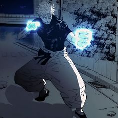 an anime character holding a glowing ball in his hand while standing next to a building
