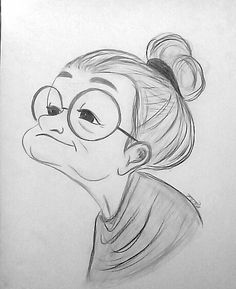 a drawing of a woman with glasses and a ponytail in the shape of a monkey's head