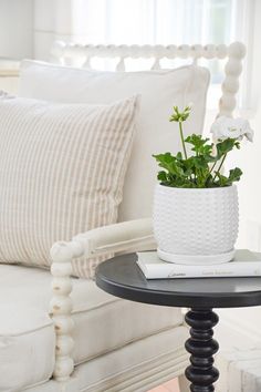 a potted plant sitting on top of a table next to a white couch in a living room