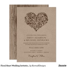 a wedding card with an ornate heart on the front and bottom, in brown paper