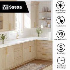 a kitchen with white counter tops and wooden cabinets in the background is an advertisement for virtretta