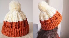 two pictures of a woman wearing an orange and white knitted hat