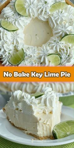 no bake key lime pie on a white plate with the title overlay that says no bake key lime pie
