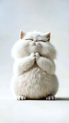 a white cat with its eyes closed sitting on the ground