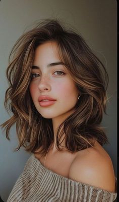 a woman with shoulder length wavy hair and brown eyes is looking at the camera while wearing an off - shoulder sweater