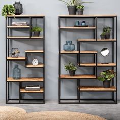 two shelving units with plants and books on them in front of a gray wall