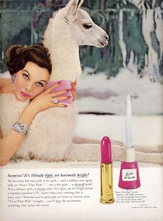 an advertisement for dove cosmetics featuring a woman with a llama and bottle of nail polish
