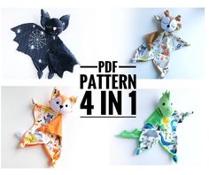 four different styles of stuffed animals with text overlay that reads, free pattern 4 in 1