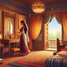 a painting of a woman in a bedroom looking out the window