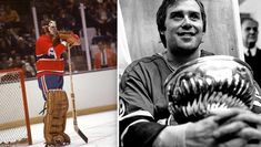 an old and new photo of a hockey player holding a trophy in front of the goalie