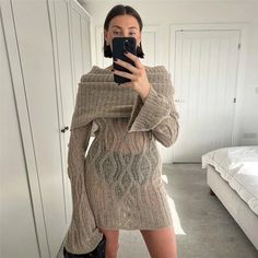 Sexy Off the Shoulder Sweater Mini Dress for Women Casual Knitted See Through Bodycon Night Club Party Dresses Streetwear - Shop & Buy Long Sleeve Crochet Dress, Flare Sleeve Dress, Versatile Dress, Mini Dresses For Women, Party Dress Short, Mini Sweater Dress, Dark Khaki, Solid Pattern, Dress For Short Women