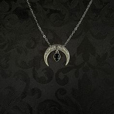 "This simple pendant features a richly detailed antiqued silver tone crescent, adorned with dazzling jet black glass crystals. Pendant is 1 1/8\" wide and 1\" tall.  Necklace length is adjustable with soldered stainless steel cable chain, lobster clasp and extender. If you would like a different length, please send us a message. Matching headpiece, pendant and earrings are listed separately in our store. If you don't see items with a color you want, feel free to ask about availability." Wicca Necklace, Witchy Necklace, Crystals Pendant, Black Chain Necklace, Silver Jewlery, Goth Necklace, Triple Moon Goddess, Simple Pendant, Goth Wedding