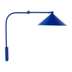 a blue lamp with a long arm on a white background is shown in this image