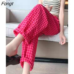 Co Ords Outfits Indian, Hipster Trousers, White Plaid Pants, Plaid Pants Women, Co Ords Outfits, Plaid Trousers, Korean Casual, Red Checkered, Red Black White