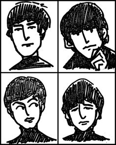 four different faces drawn in black and white