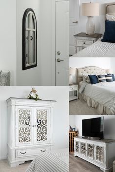 four different pictures of white furniture and decor