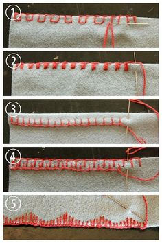 the steps in how to make a knitted scarf with red thread and stitches on it