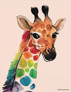 a giraffe is painted in bright colors and has spots on it's head