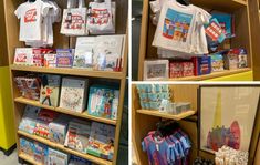 there are pictures of children's t - shirts and other items in the store