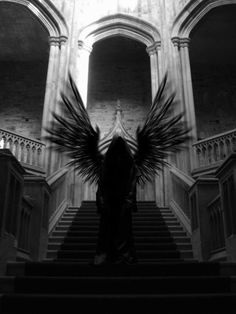 a person with wings standing on some stairs