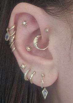 8mm 14K & 9K Solid Gold Moon Daith Ringdaith Hoop Daith - Etsy Cute Ear Jewelry, Daith Ring Piercing, Gold Moon Nail Art, Ear Piercings Rings, Daith Piercing Jewelry Opal, Ear Piercing Ideas For Pointy Ears, Ear Styling Ideas Gold, Daith Curated Ear, Orbital Piercing Jewelry