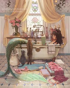 a woman sitting in a bathtub next to a cat and other items on the floor
