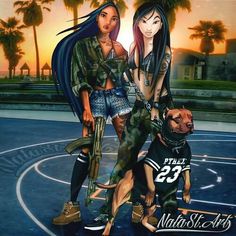 two girls and a dog are standing on a basketball court