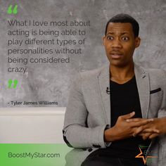 a man sitting in front of a gray wall with a quote on it that says, what i love most about acting is being able to play different types of being without being considered crazy