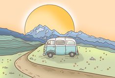 an image of a van going down the road with mountains in the backgroound