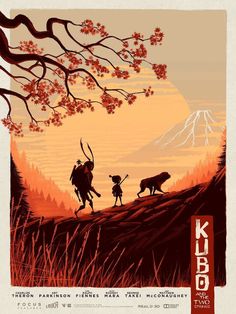 an old japanese movie poster with the silhouettes of people and animals in front of a mountain