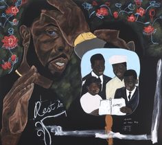 a painting with black men and flowers on it