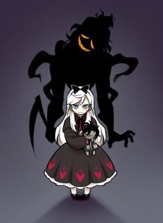 an anime character holding a cat in front of a demon