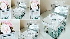 four different images of a mirrored box with flowers in it