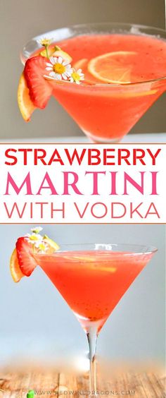 strawberry martini with vodka and garnish in a glass on a wooden counter top