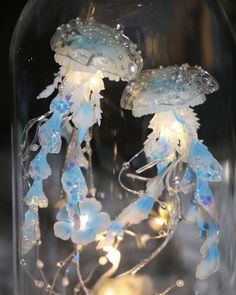 two jellyfish under a glass dome with lights