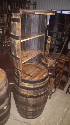 several wooden barrels stacked on top of each other