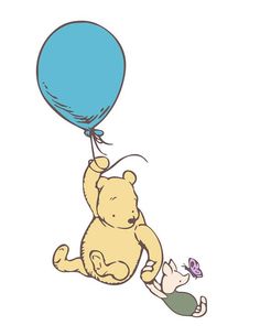 winnie the pooh and piglet flying with a blue balloon over their head,