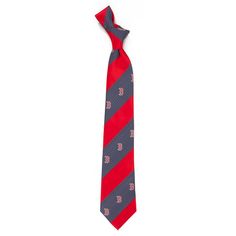 a red and blue striped neck tie with the boston red sox on it's side