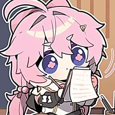 an anime character with pink hair and blue eyes sitting at a desk holding a piece of paper