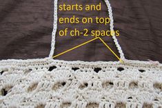 a crocheted purse with the words starts and ends on top of it