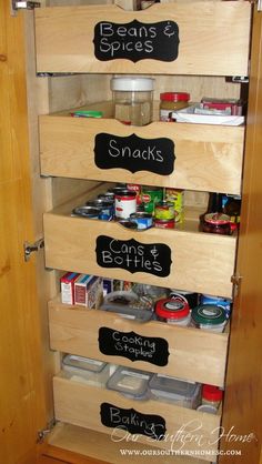 an organized pantry with chalkboard labels on the drawers