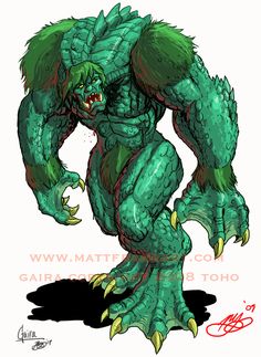 a drawing of a green monster with large claws and big fangs on it's face