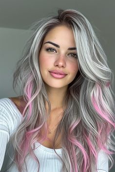 Hair Color For Cool Fair Skin, Silver Pink Hair Color, Rose Gold With Blonde Highlights, Light Brown Hair With Pop Of Color, Short Blonde Hair With Purple Tips, Fun Fashion Color Hair, Pink Streaks In Blonde Hair, Metallic Hair Dye, Long Grey Hair